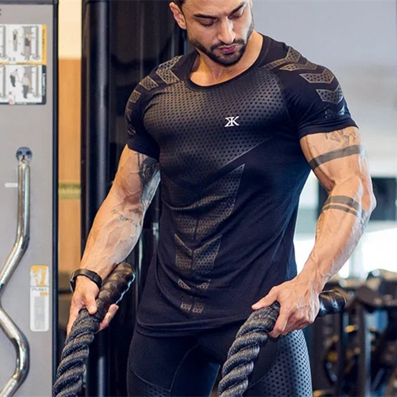 New Men Fitness Bodybuilding Skinny T-shirt Short sleeve Compression Q ...