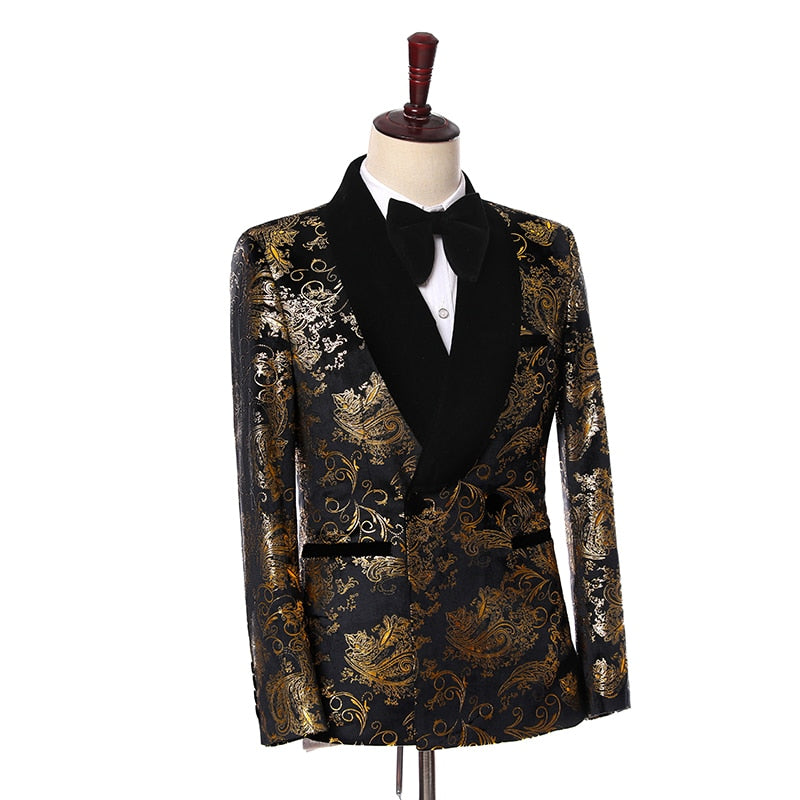 2019 Elegant Black Velvet Gold Flower Double Breasted Groom Tuxedo For ...