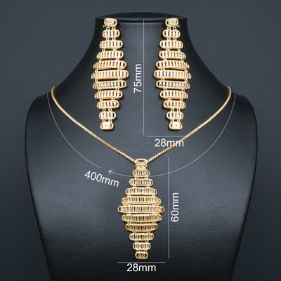 ModemAngel Luxury Ladder Shape Dangle 3A Cubic Zirconia Gold Color 3Tones Copper Pendant Necklace Earrings Women Fashion Jewelry