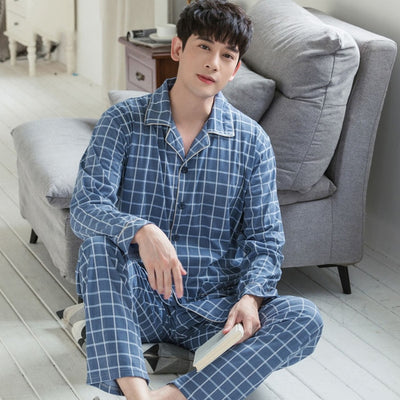 Grey Plaid 100% Cotton Sleepwear Men Pijama Long Sleeves Button-Down Pajamas Set 2Pieces Mens Soft Pure Cotton Nightwear PJs