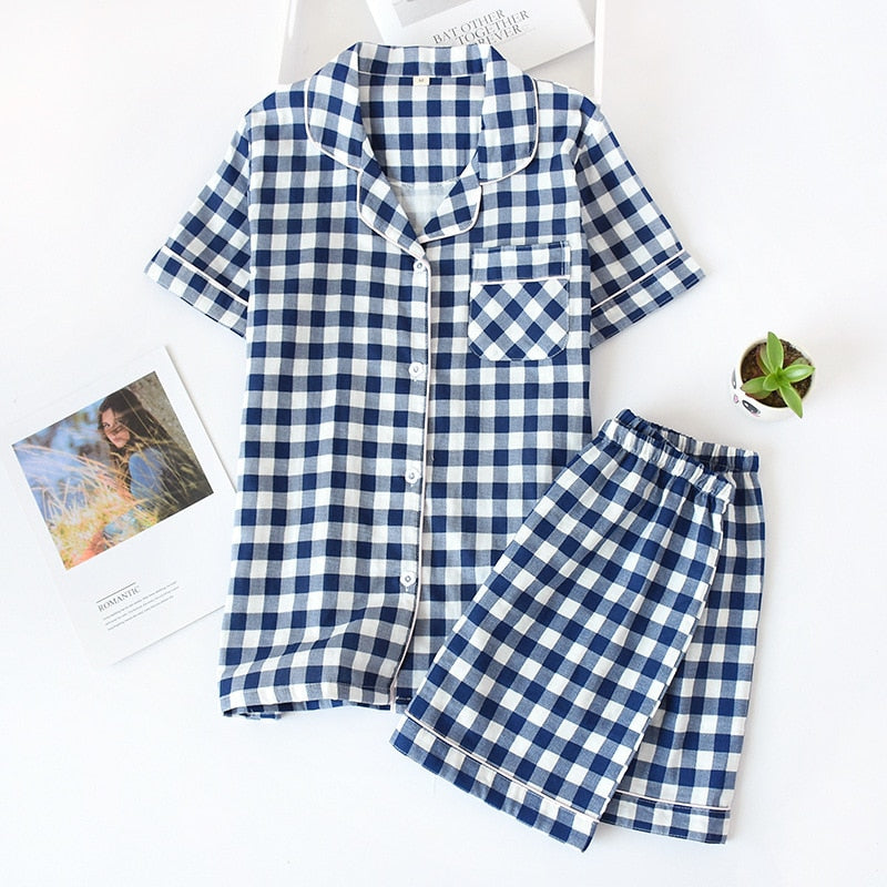 Japanese simple short pyjamas women 100% cotton short sleeves ladies p ...