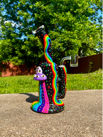 9" Ceramic Rainbow Dab Rig - UV Reactive, Glow in the Dark, Artistic Design