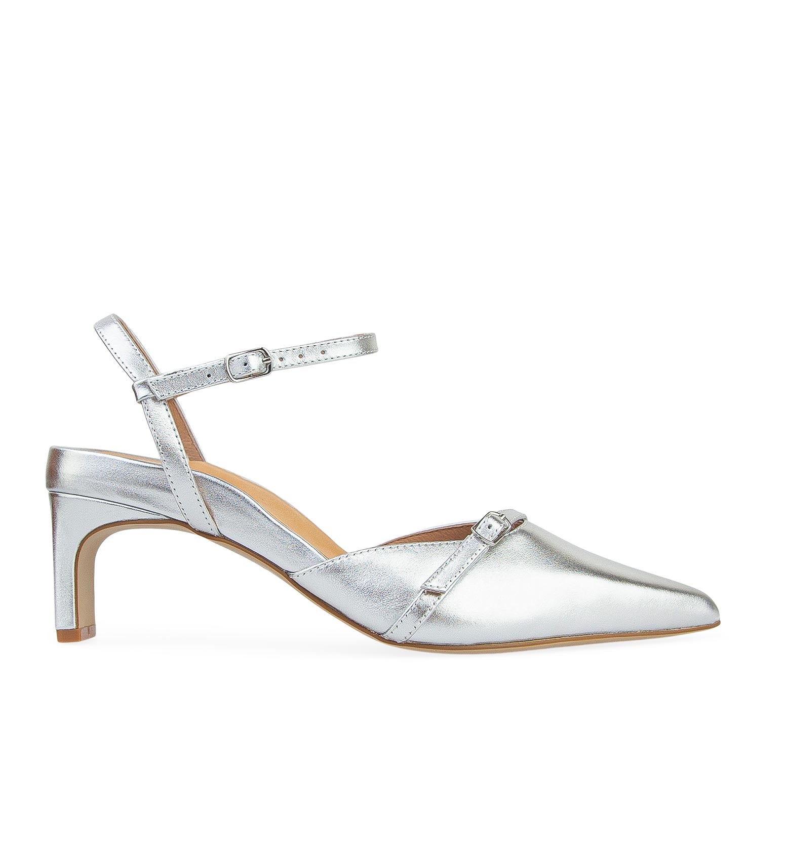 Sylph Silver Leather Low Heels | Bared Footwear