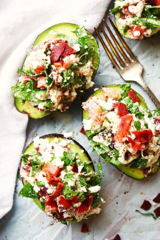 blt chicken salad stuffed avocados