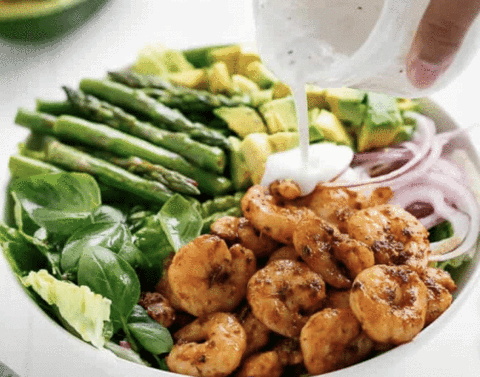 blackened shrimp, asparagus, and avocado salad with lemon pepper yogurt dressing