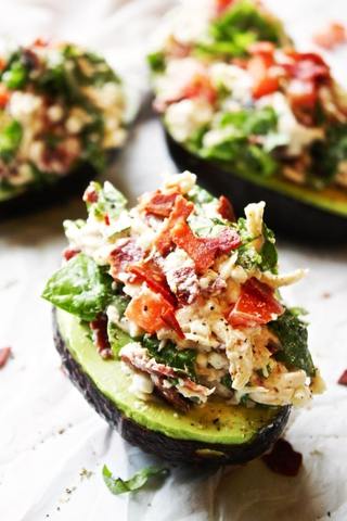 chicken salad stuffed keto friendly BLT avocados