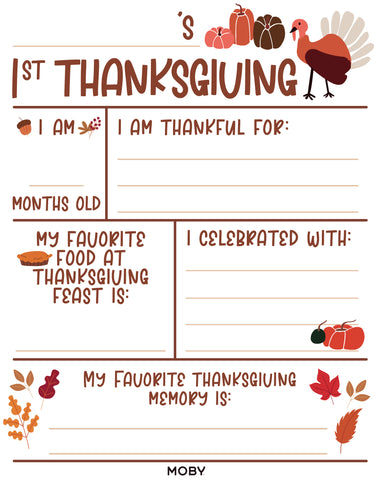 Printable that can be filled in with information about Baby's 1st Thanksgiving