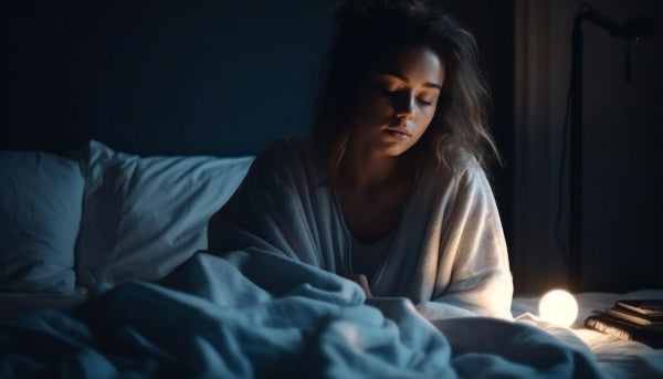 Young woman sitting on her bed unable to sleep