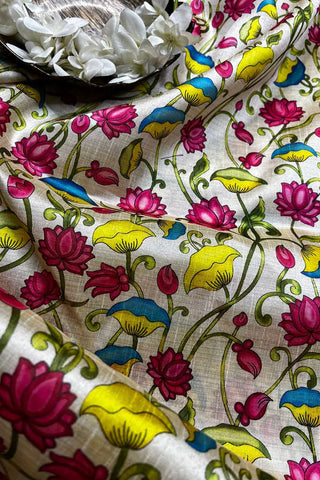 Pastel Digital Printed Kalamkari Tussar Silk Floral Design Fabric