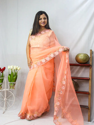 Orange Organza Cut Work Saree Online