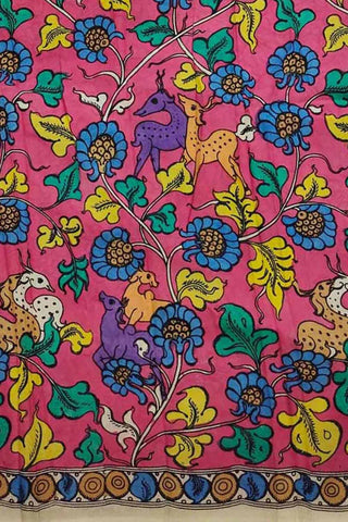 Pink Kalamkari Hand Painted Pure Bangalore Silk Fabric