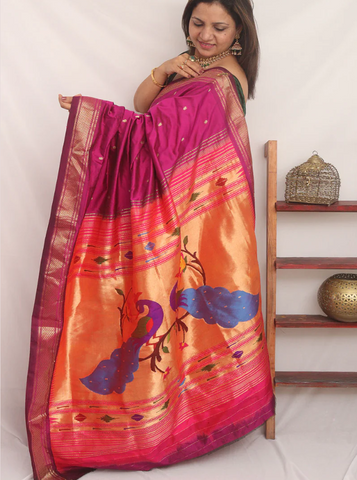 Paithani Pure Silk Triple Muniya Border Peacock And Floral Design Saree