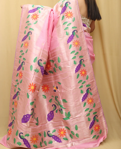 Pink Paithani Silk Saree with Parrot and Flower Design