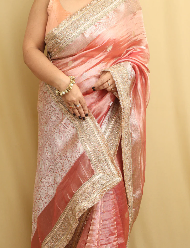 Exquisite Pink Handloom Banarasi Pure Tissue Silk Saree