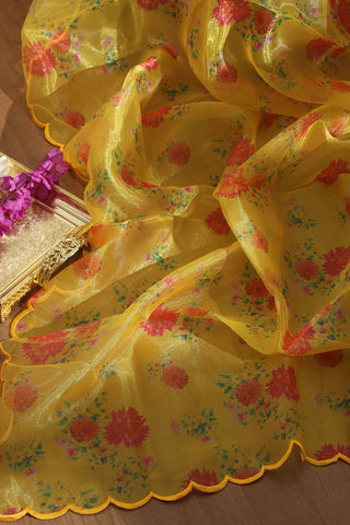 Yellow Digital Printed Tissue Organza Silk Dupatta With Scalloped Border