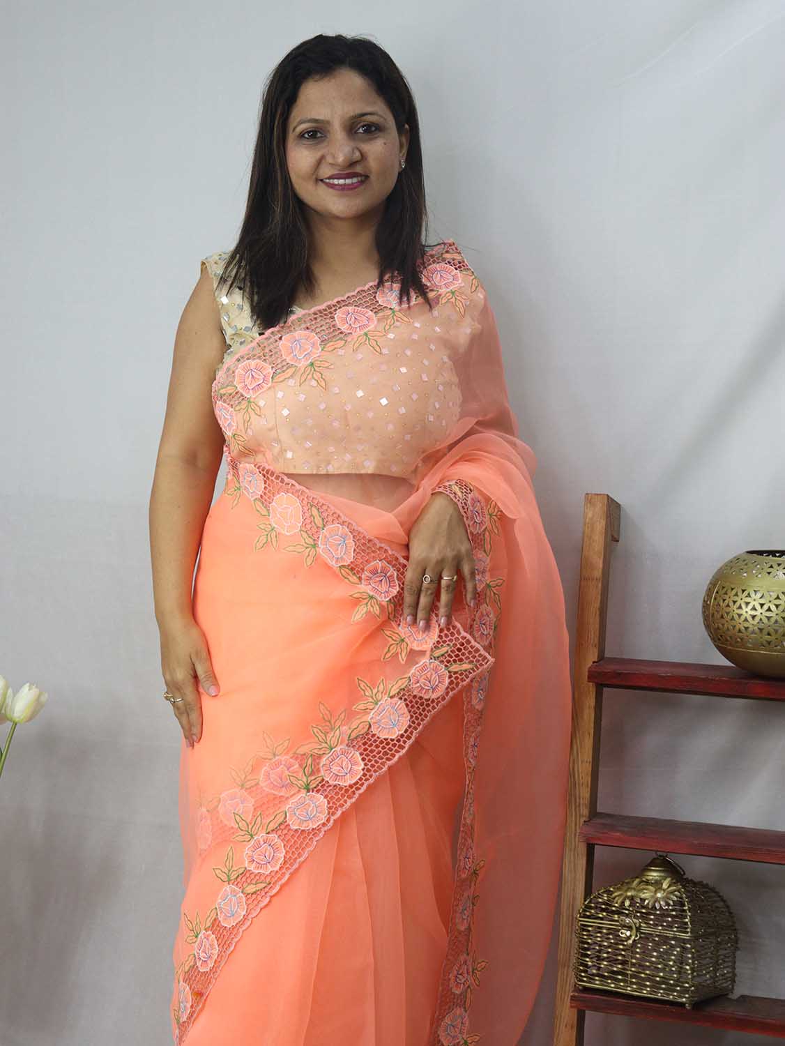 Get the Latest Orange Organza Cut Work Saree Online - Shop Now!