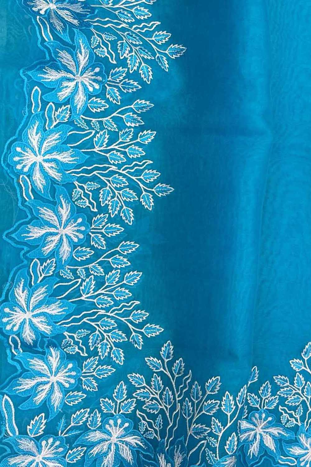 Blue Chikankari Embroidered Organza Saree - Luxurionworld