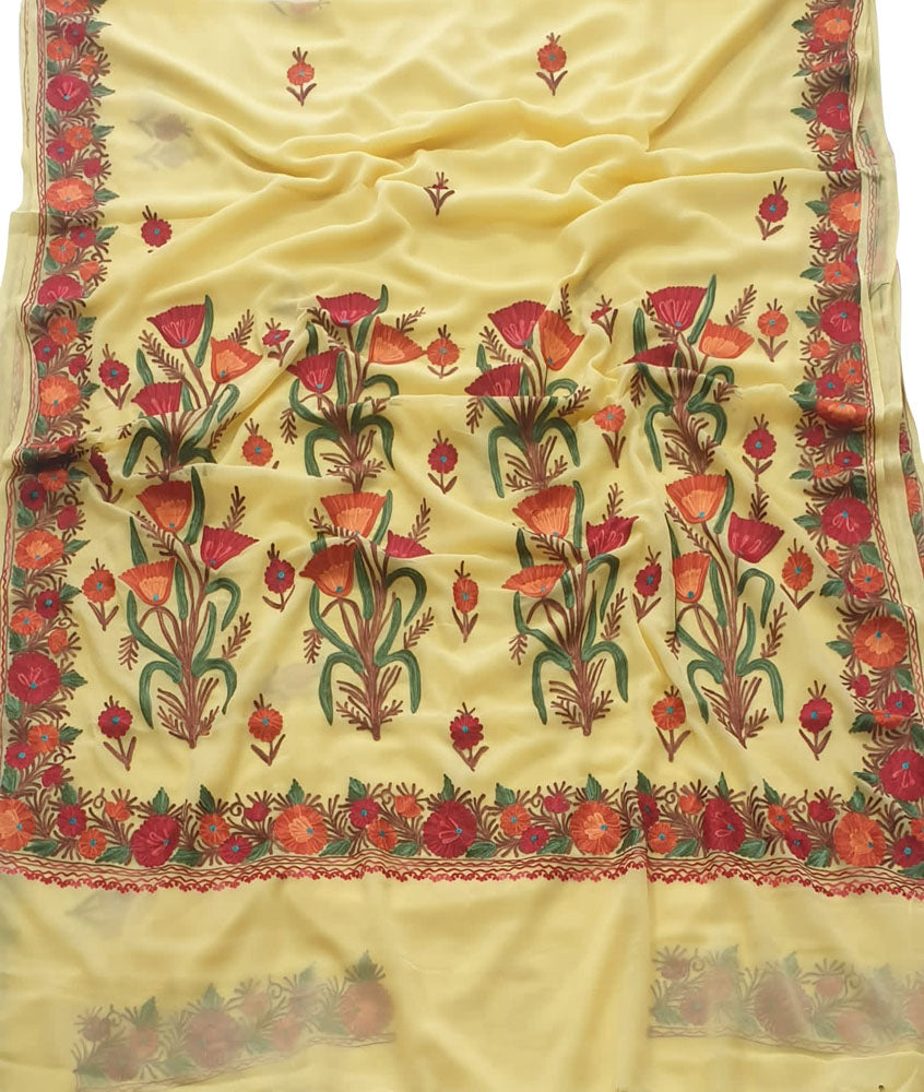 Yellow Embroidered Kashmiri Aari Work Georgette Flower Design ...