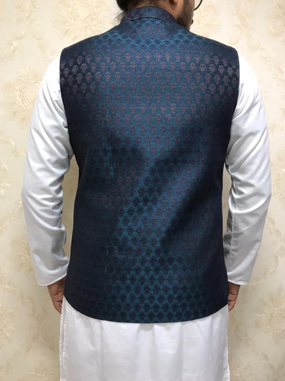 Blue Cotton Silk Nehru Jacket - Luxurionworld
