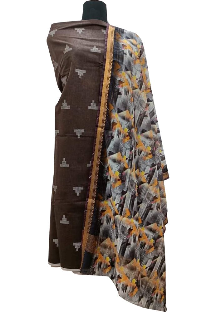 Brown Bhagalpur Linen Two Piece Unstitched Suit Set With Digital Printed DupattaLuxurionworld