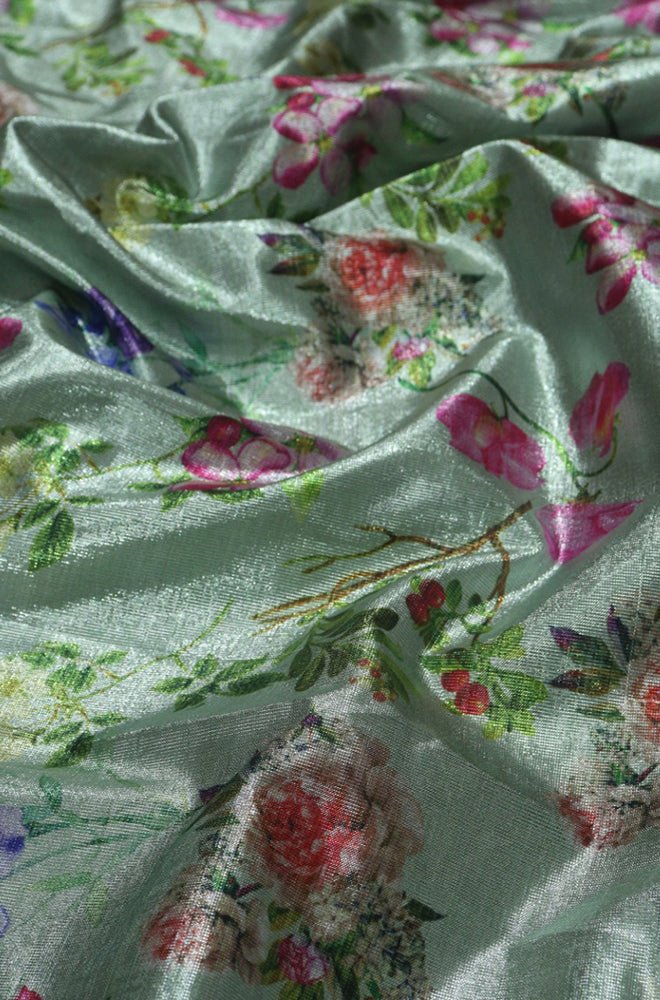 Green Digital Printed Tissue Lorex Fabric ( 1 Mtr ) - Luxurionworld