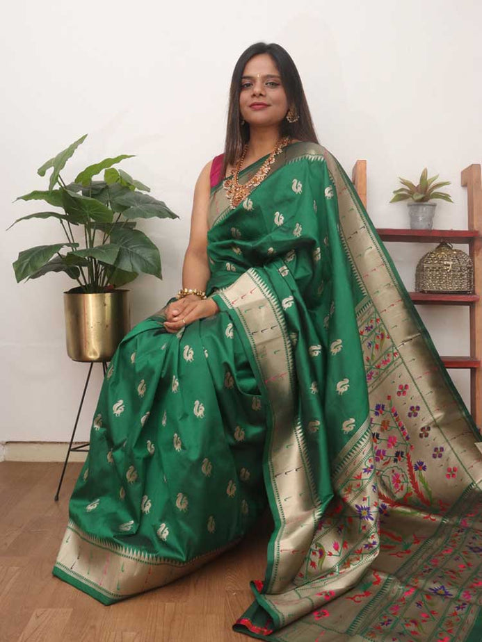 Green Paithani Silk Flower Design Muniya Border Saree - Luxurionworld