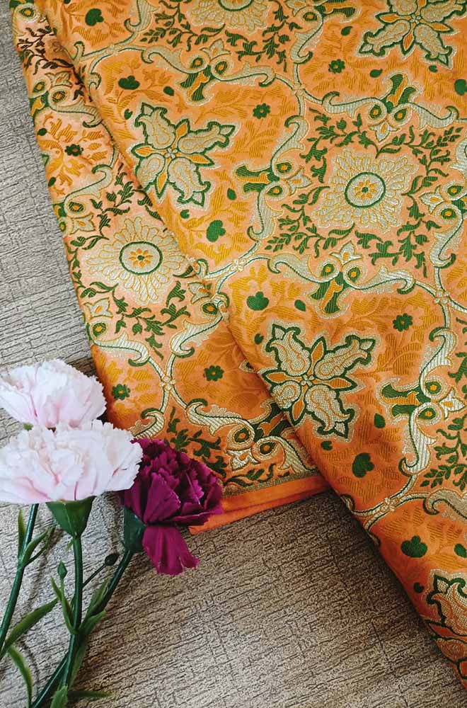Orange Banarasi Kimkhwab Silk Meenakari Fabric ( 1 Mtr ) - Luxurionworld