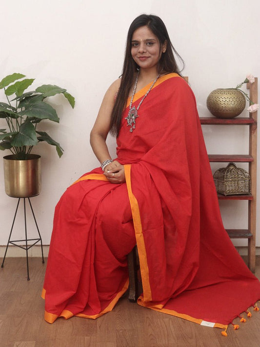 Handloom Soft Cotton Saree with Tassles, Plain Red, SR1026