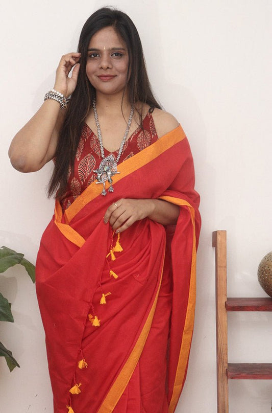 Red Handloom Plain Bengal Cotton Saree - Luxurionworld – Luxurion World