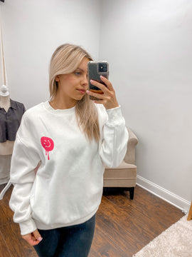 Drip Smiley Sweatshirt- white/ hot pink