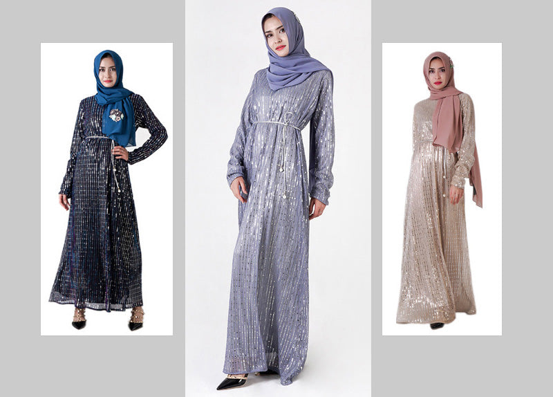 Muslim long sleeves - Grey/Navy Blue/Champagne dress - Sequin pattern - XYBT-7021