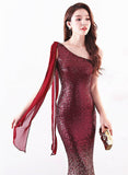 Long fish-tail sheath party prom dress--gradient sequins--bare shoulder--burgundy red, golden, navy blue--KLN-8118