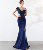 long fish-tail sheath party prom dress--deep V-side slit--glitter stone--black,royal blue,navy blue--KLN-16025#-1