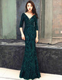 Black, green-sequins--half sleeves --V neck--long fish-tail sheath party prom dress KLN-16218#