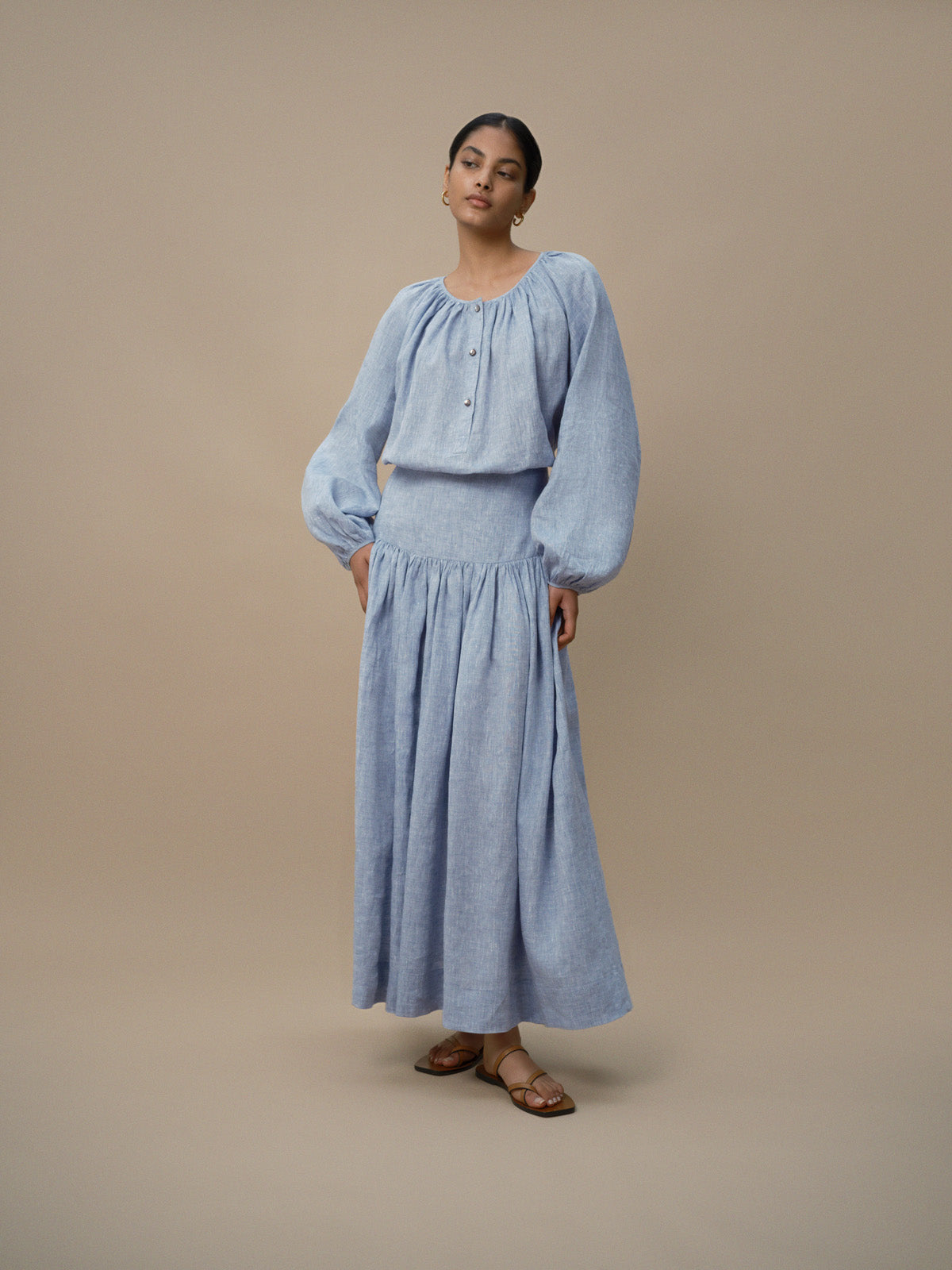 Italian blue print linen dresses Vintage Tunic o neck pockets long Sum –  Omychic