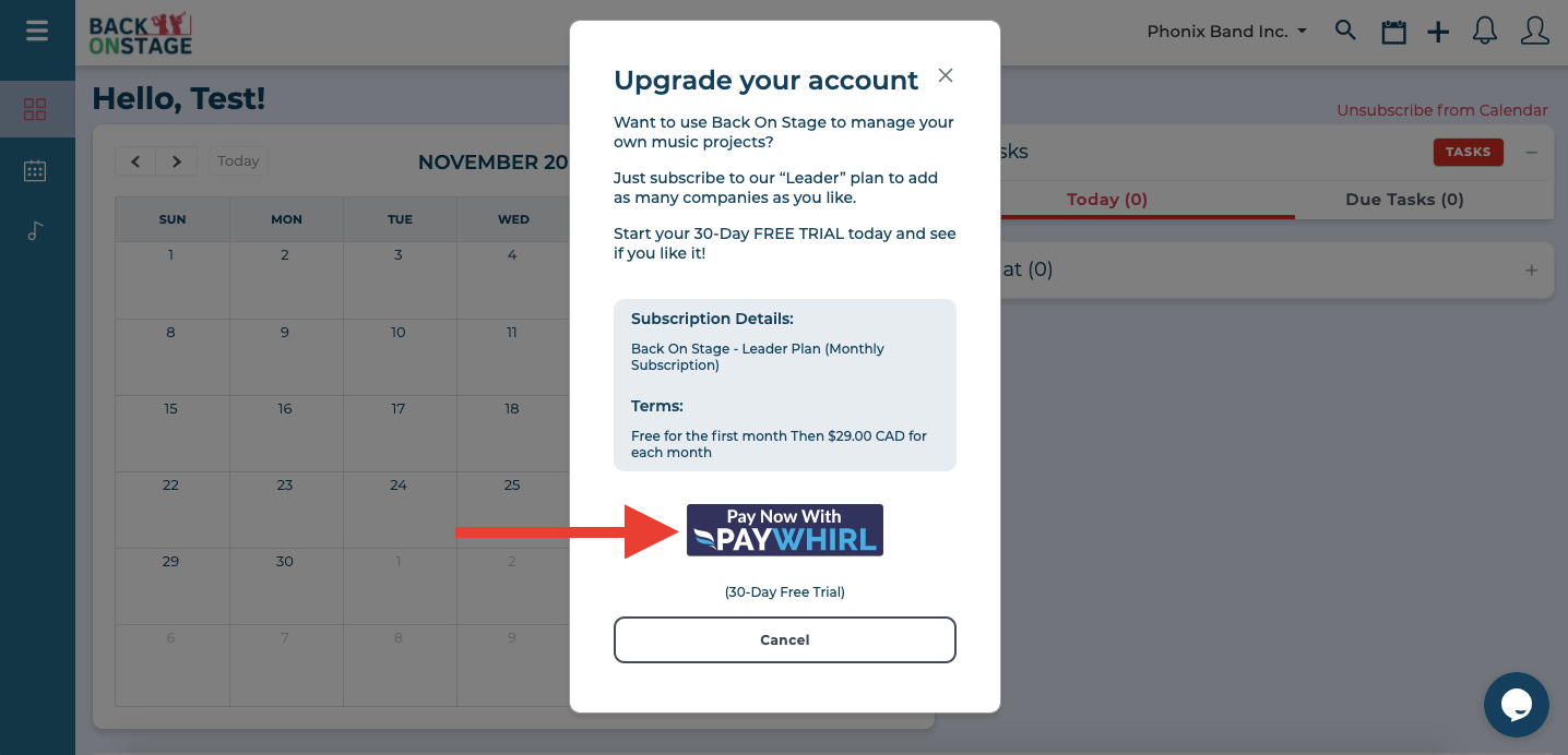upgrade to bandleader account pay button