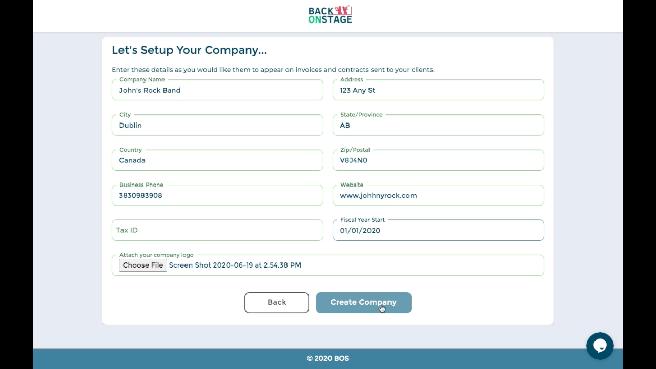setup your company or band inside Back on Stage app