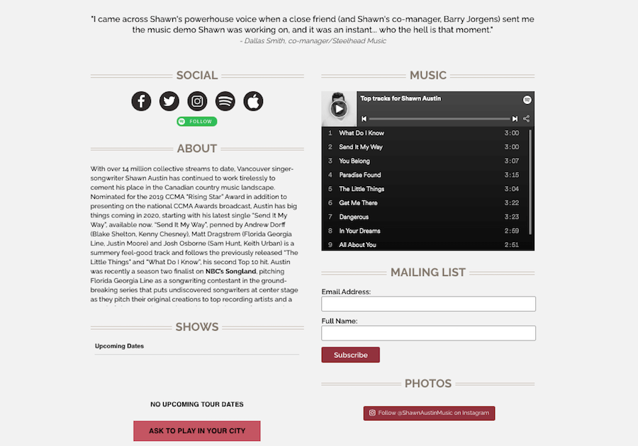 music bio example – Shawn Austin