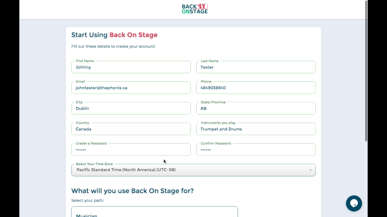 Create your profile in Back On Stage
