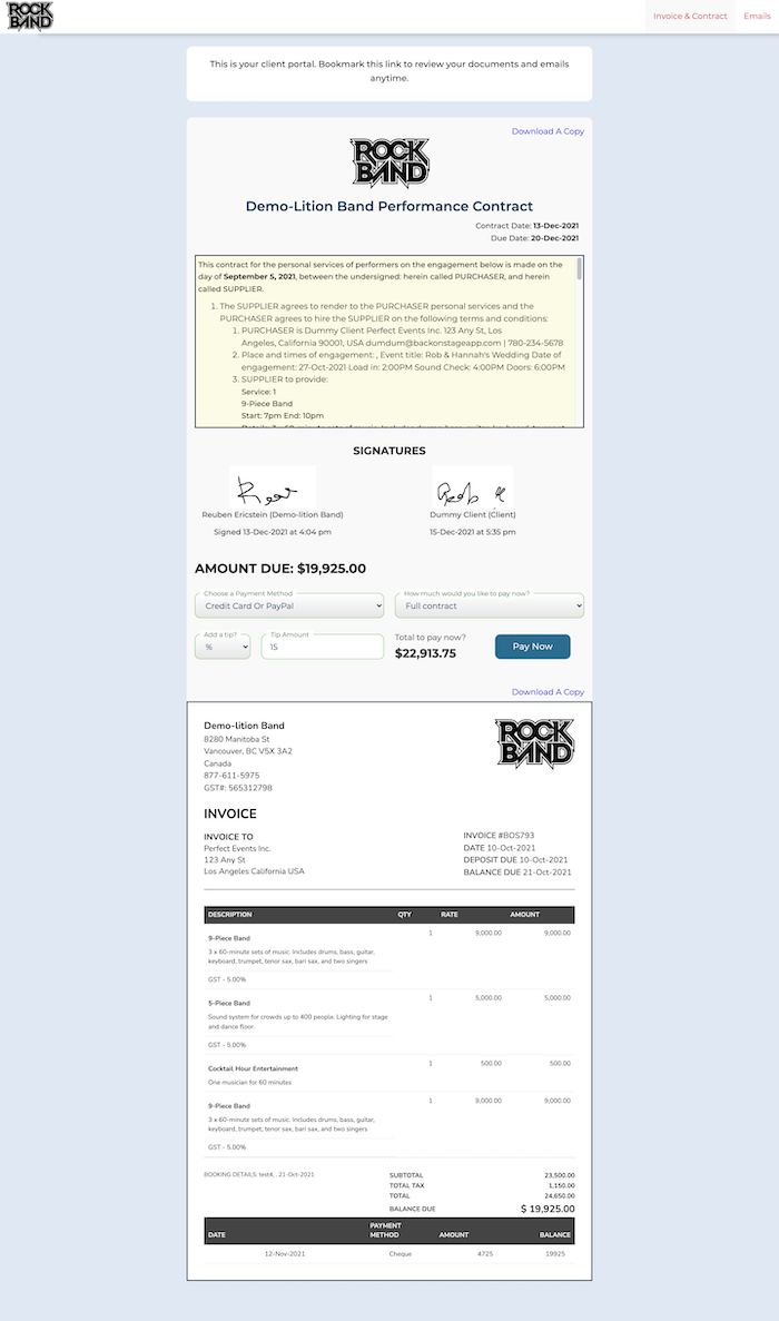 back on stage client portal - band gig invoice and payment processor