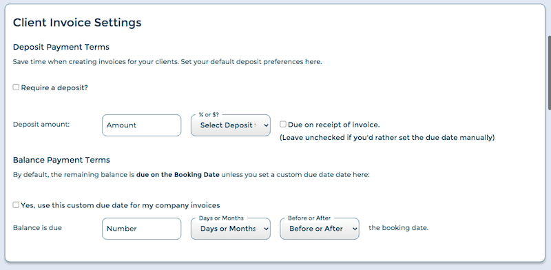 client invoice settings