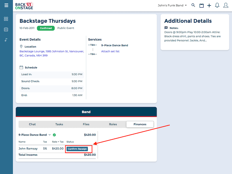 confirm payment receipt for musician