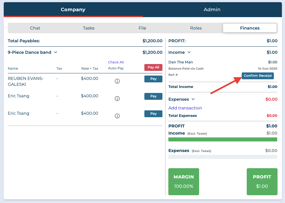 finance confirm receipt button