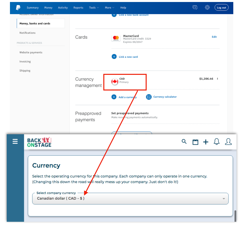 manage currency inside Payapla and back on stage app