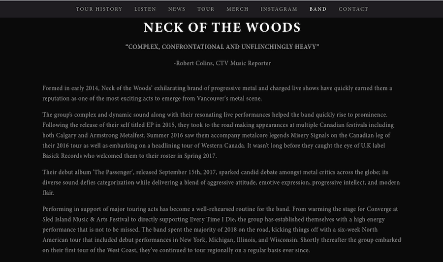 bad music bio example - Neck of the Woods