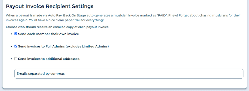 musician payout invoice settings