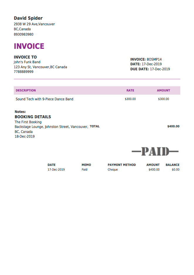 musician payout invoice