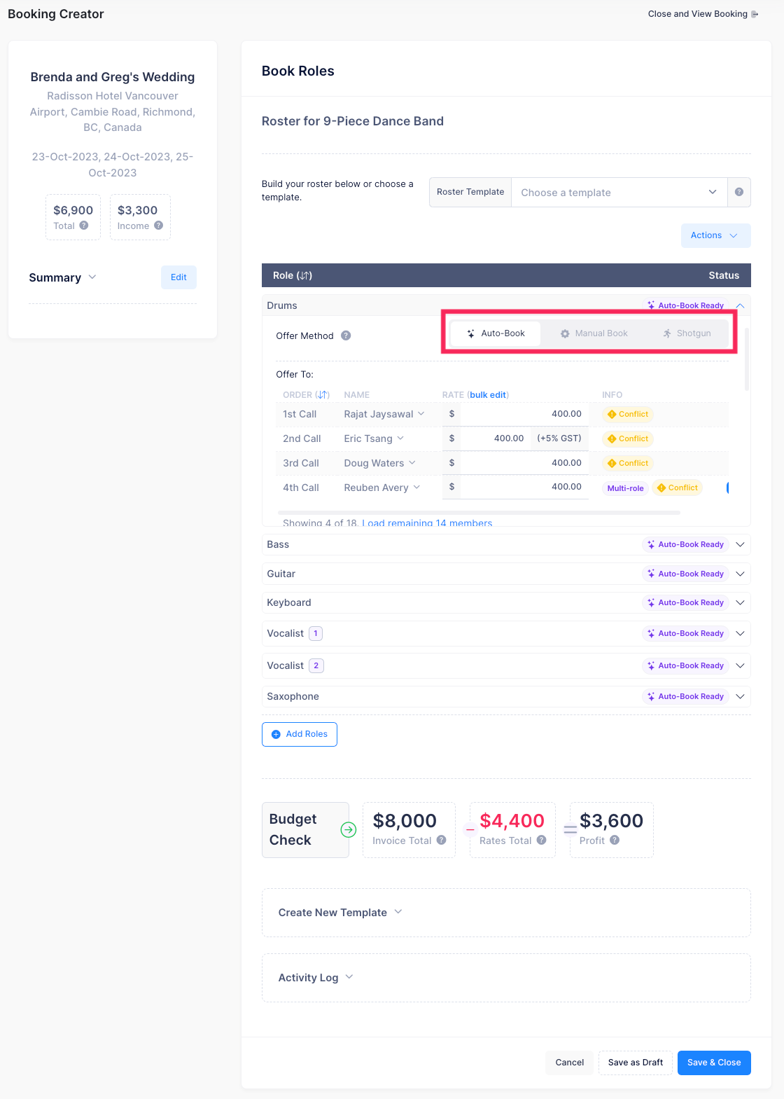 Auto-book and shotgun for automatic musician booking and availability checking