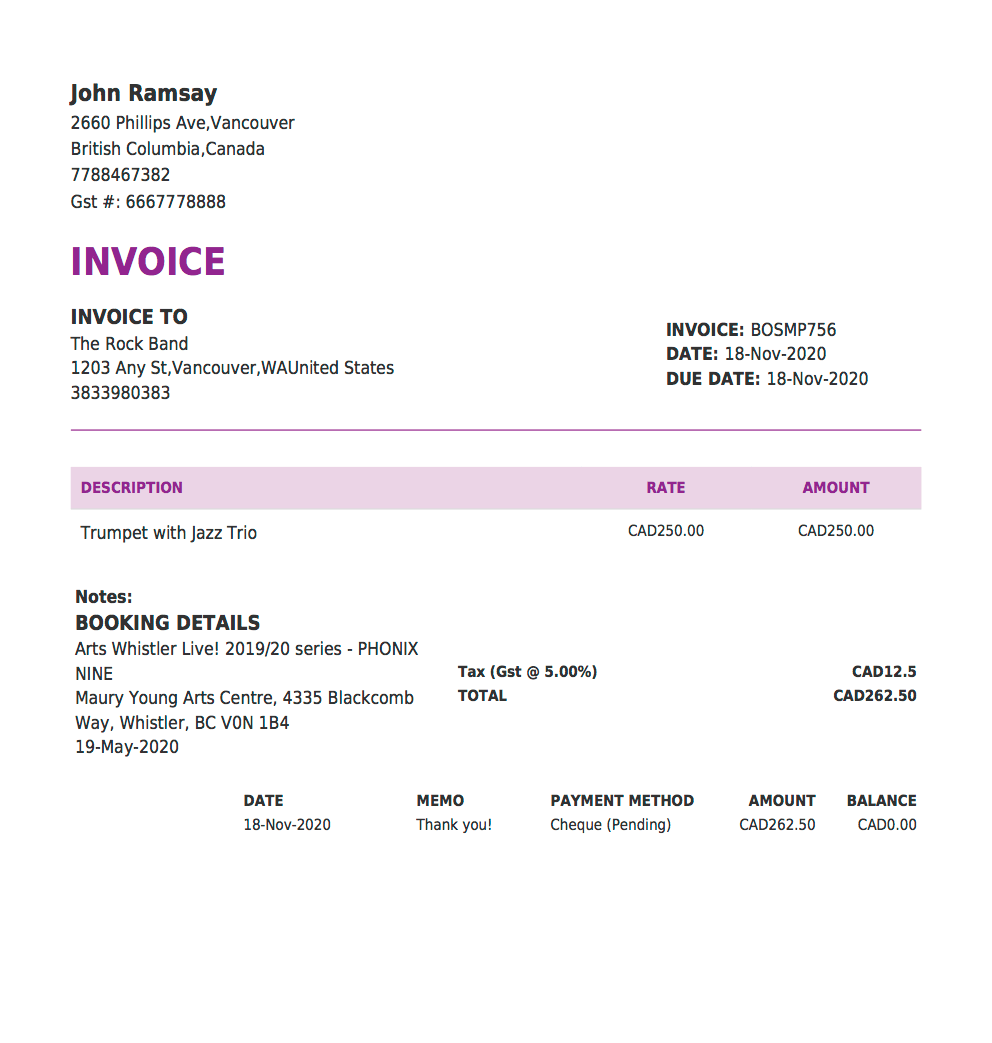 sample musician invoice template from back on stage app