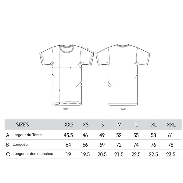 Image répertoriant les mesures qui définiront la taille à prendre pour un tee-shirt de notre marque.